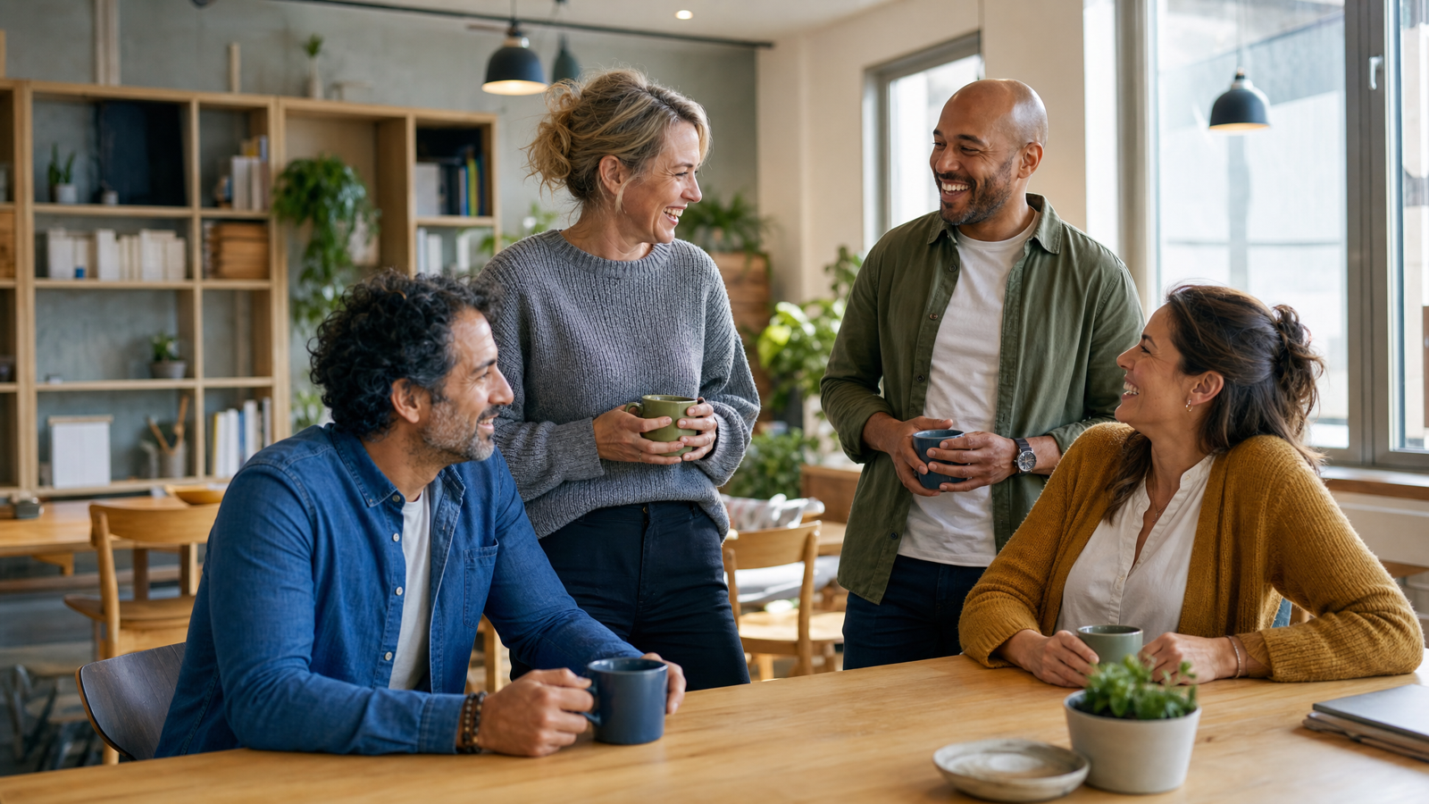 Diverse groep docenten lacht samen in de lerarenkamer