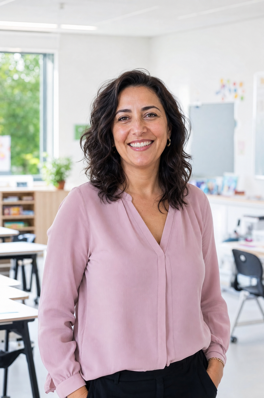 Lachende docent in een helder klaslokaal
